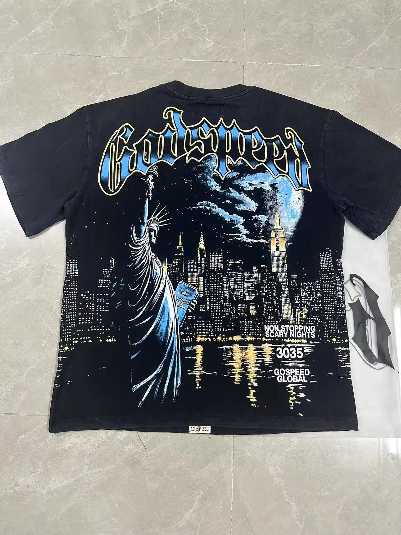 6105#washed black I P116 Godspeed cross-border American rock and roll street washed retro style short-sleeved T (craft printing) fabric (fabric): 32 count combed double yarn 250 grams weight code number (size): S-M-L-XL color (colour): washed black