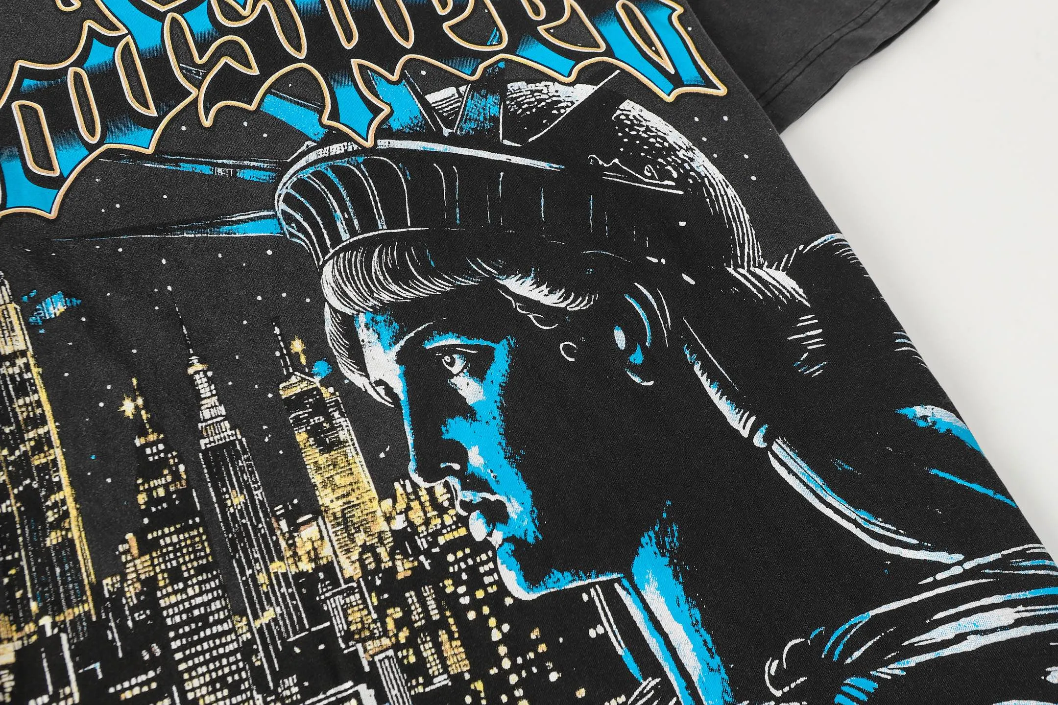 6105#washed black I P116 Godspeed cross-border American rock and roll street washed retro style short-sleeved T (craft printing) fabric (fabric): 32 count combed double yarn 250 grams weight code number (size): S-M-L-XL color (colour): washed black
