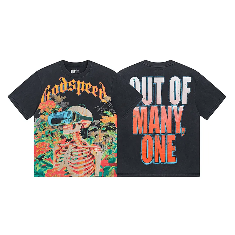 1009# P126 Washed Black Real Shot Godspeed American Fashion Rock Street Retro Washed Distressed Printed Cotton Short Sleeves Fabric: 250g 32 Count Fine Cotton Double Yarn Pure Cotton Color: Washed Black Size: S M L XL