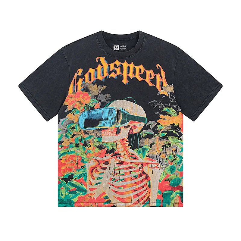 1009# P126 Washed Black Real Shot Godspeed American Fashion Rock Street Retro Washed Distressed Printed Cotton Short Sleeves Fabric: 250g 32 Count Fine Cotton Double Yarn Pure Cotton Color: Washed Black Size: S M L XL