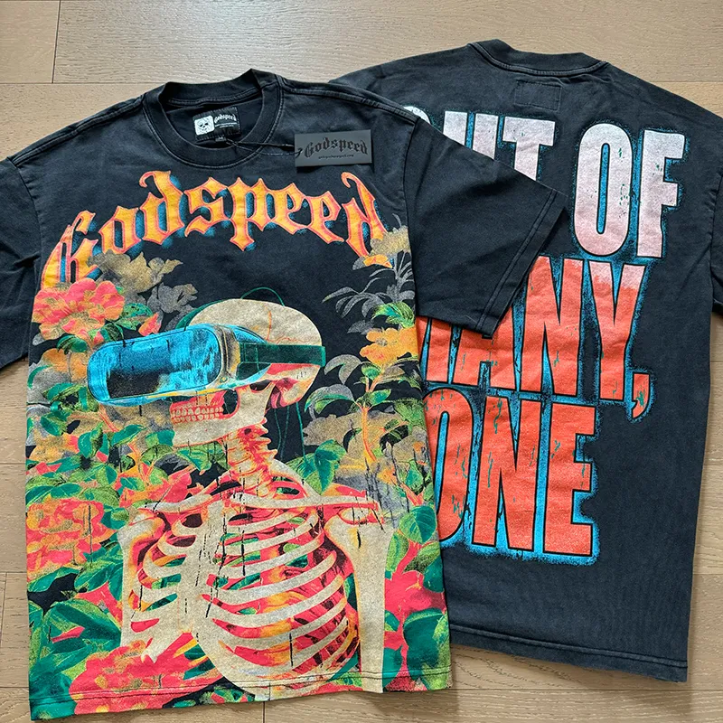 1009# P126 Washed Black Real Shot Godspeed American Fashion Rock Street Retro Washed Distressed Printed Cotton Short Sleeves Fabric: 250g 32 Count Fine Cotton Double Yarn Pure Cotton Color: Washed Black Size: S M L XL