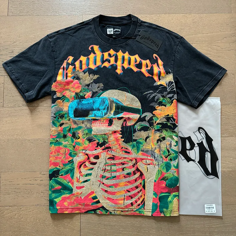 1009# P126 Washed Black Real Shot Godspeed American Fashion Rock Street Retro Washed Distressed Printed Cotton Short Sleeves Fabric: 250g 32 Count Fine Cotton Double Yarn Pure Cotton Color: Washed Black Size: S M L XL