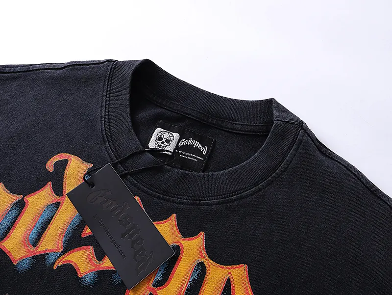 1009# P126 Washed Black Real Shot Godspeed American Fashion Rock Street Retro Washed Distressed Printed Cotton Short Sleeves Fabric: 250g 32 Count Fine Cotton Double Yarn Pure Cotton Color: Washed Black Size: S M L XL