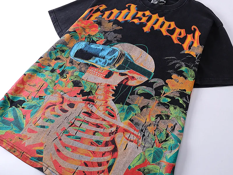 1009# P126 Washed Black Real Shot Godspeed American Fashion Rock Street Retro Washed Distressed Printed Cotton Short Sleeves Fabric: 250g 32 Count Fine Cotton Double Yarn Pure Cotton Color: Washed Black Size: S M L XL