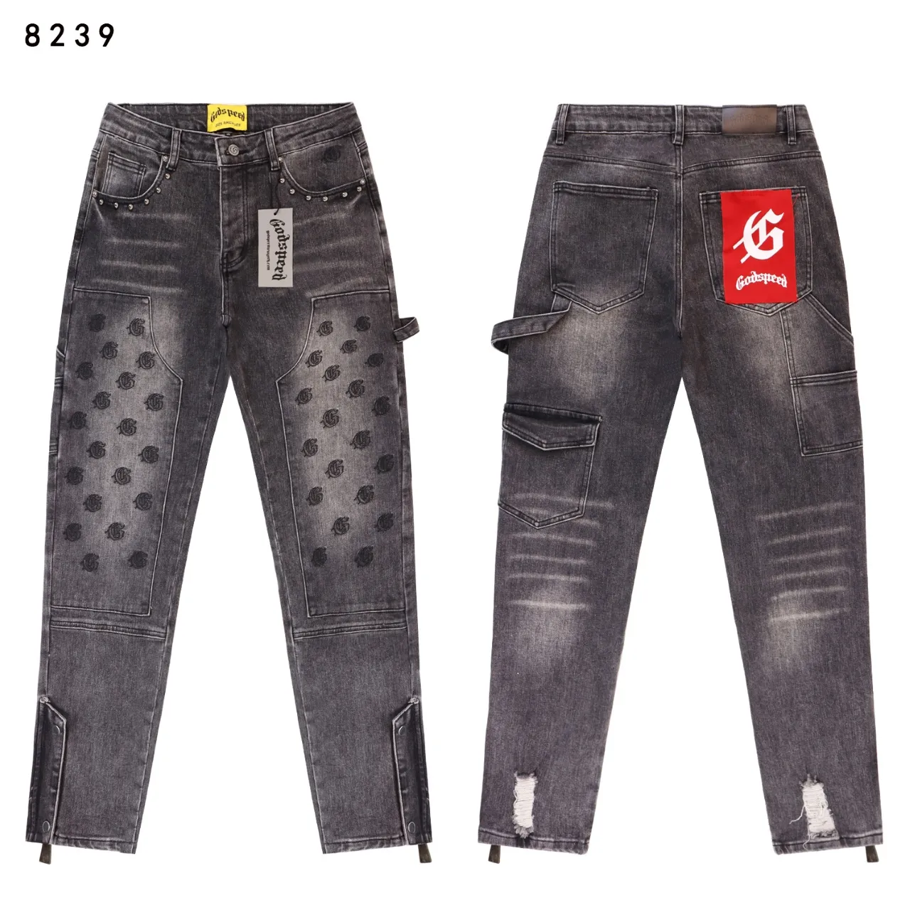 240💰Model No.: 8239 Fabric: Washed stretch denim Real stock Godspeed embroidered denim trousers, trendy brand denim multi-pocket trousers Color: Black Denim Blue Smoke Gray Size 28 (S) 30 (M) 32 (L) 34 (XL) 36 (XXL) 38 (XXXL)
