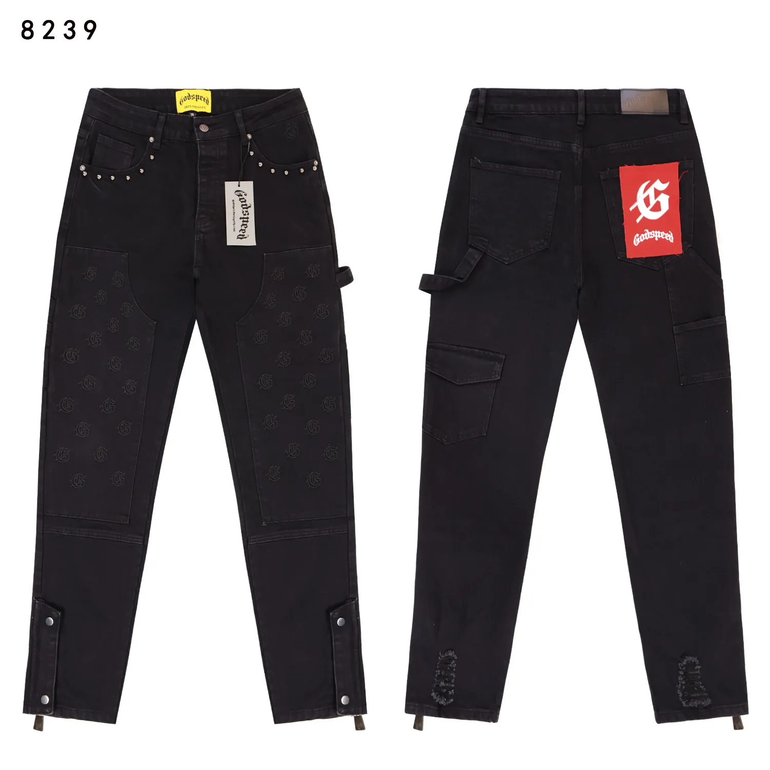 240💰Model No.: 8239 Fabric: Washed stretch denim Real stock Godspeed embroidered denim trousers, trendy brand denim multi-pocket trousers Color: Black Denim Blue Smoke Gray Size 28 (S) 30 (M) 32 (L) 34 (XL) 36 (XXL) 38 (XXXL)