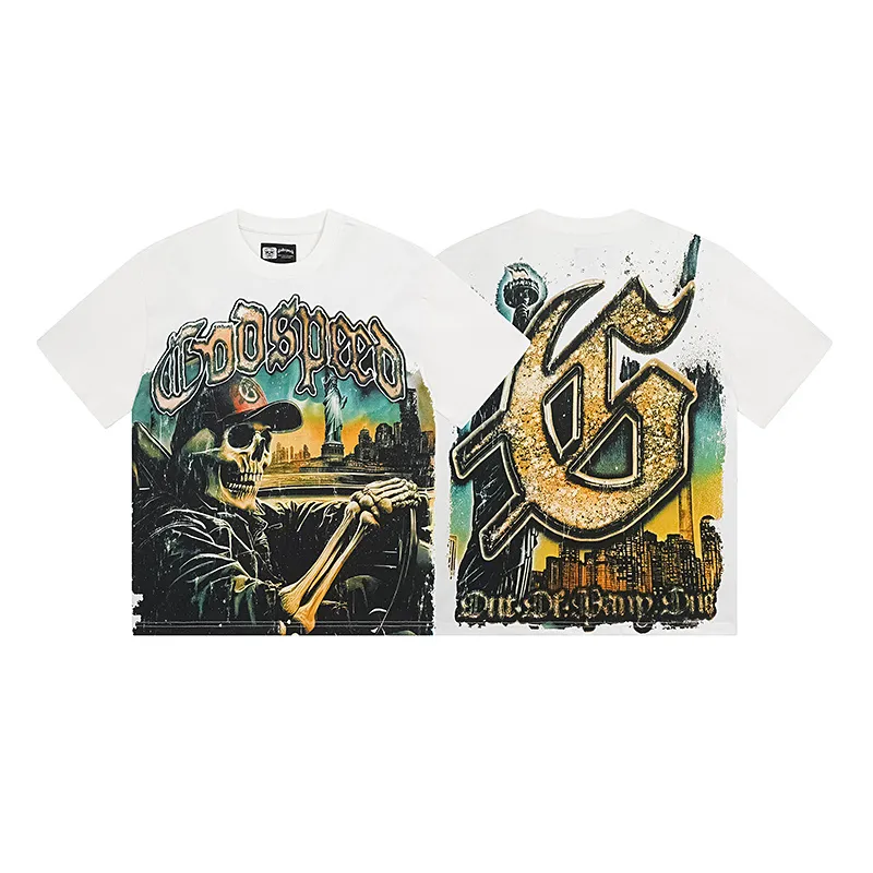 3120# P106 Real shot Godspeed American fashion rock street retro loose printed cotton short sleeves Fabric: 240g 32 count fine cotton double yarn pure cotton Color: off-white Size: S M L XL