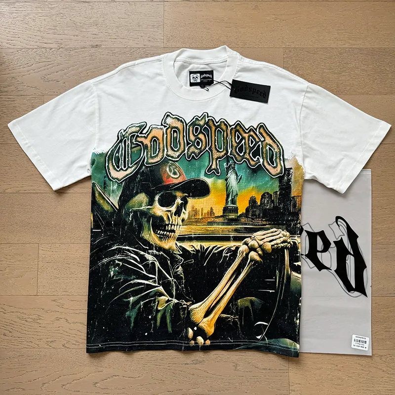 3120# P106 Real shot Godspeed American fashion rock street retro loose printed cotton short sleeves Fabric: 240g 32 count fine cotton double yarn pure cotton Color: off-white Size: S M L XL