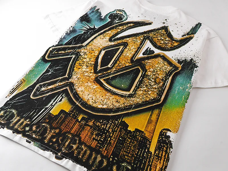 3120# P106 Real shot Godspeed American fashion rock street retro loose printed cotton short sleeves Fabric: 240g 32 count fine cotton double yarn pure cotton Color: off-white Size: S M L XL