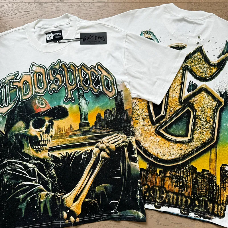 3120# P106 Real shot Godspeed American fashion rock street retro loose printed cotton short sleeves Fabric: 240g 32 count fine cotton double yarn pure cotton Color: off-white Size: S M L XL