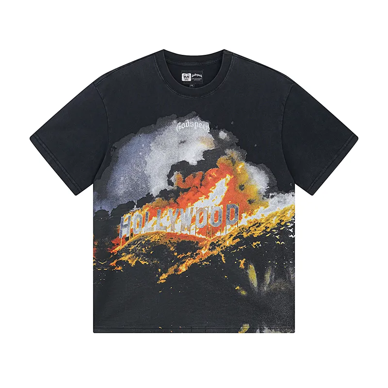 1007# P126 Washed Black Real Shot Godspeed American Fashion Rock Street Retro Washed Distressed Printed Cotton Short Sleeves Fabric: 250g 32 Count Fine Cotton Double Yarn Pure Cotton Color: Washed Black Size: S M L XL