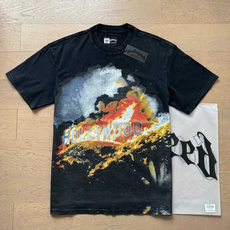 1007# P126 Washed Black Real Shot Godspeed American Fashion Rock Street Retro Washed Distressed Printed Cotton Short Sleeves Fabric: 250g 32 Count Fine Cotton Double Yarn Pure Cotton Color: Washed Black Size: S M L XL