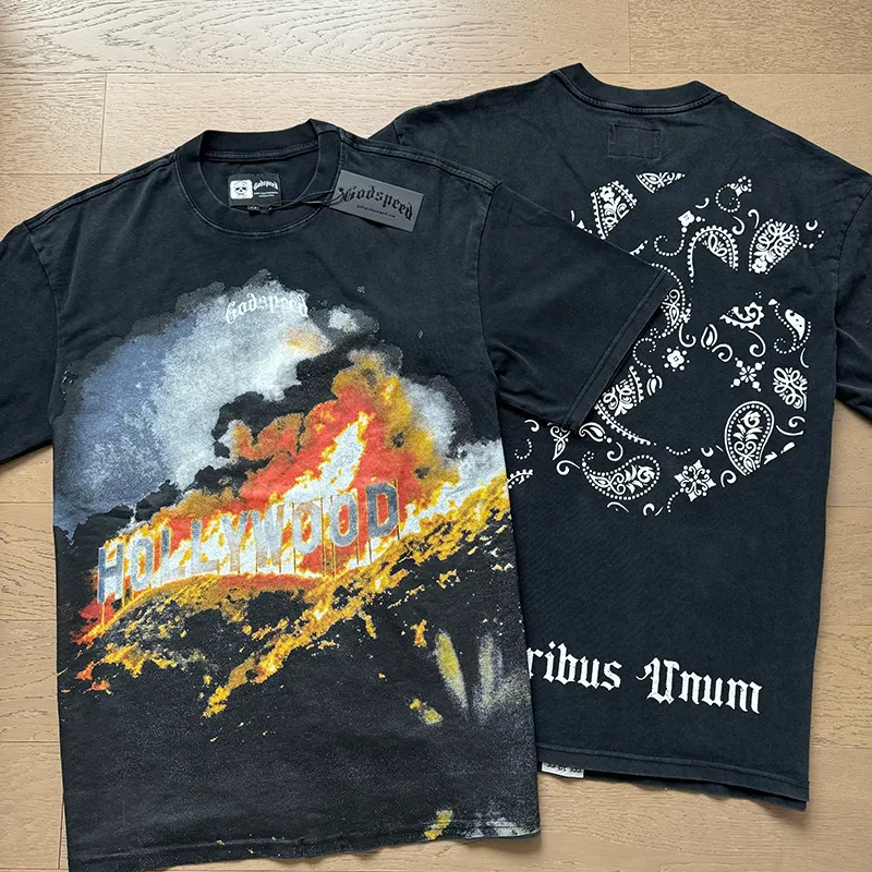 1007# P126 Washed Black Real Shot Godspeed American Fashion Rock Street Retro Washed Distressed Printed Cotton Short Sleeves Fabric: 250g 32 Count Fine Cotton Double Yarn Pure Cotton Color: Washed Black Size: S M L XL