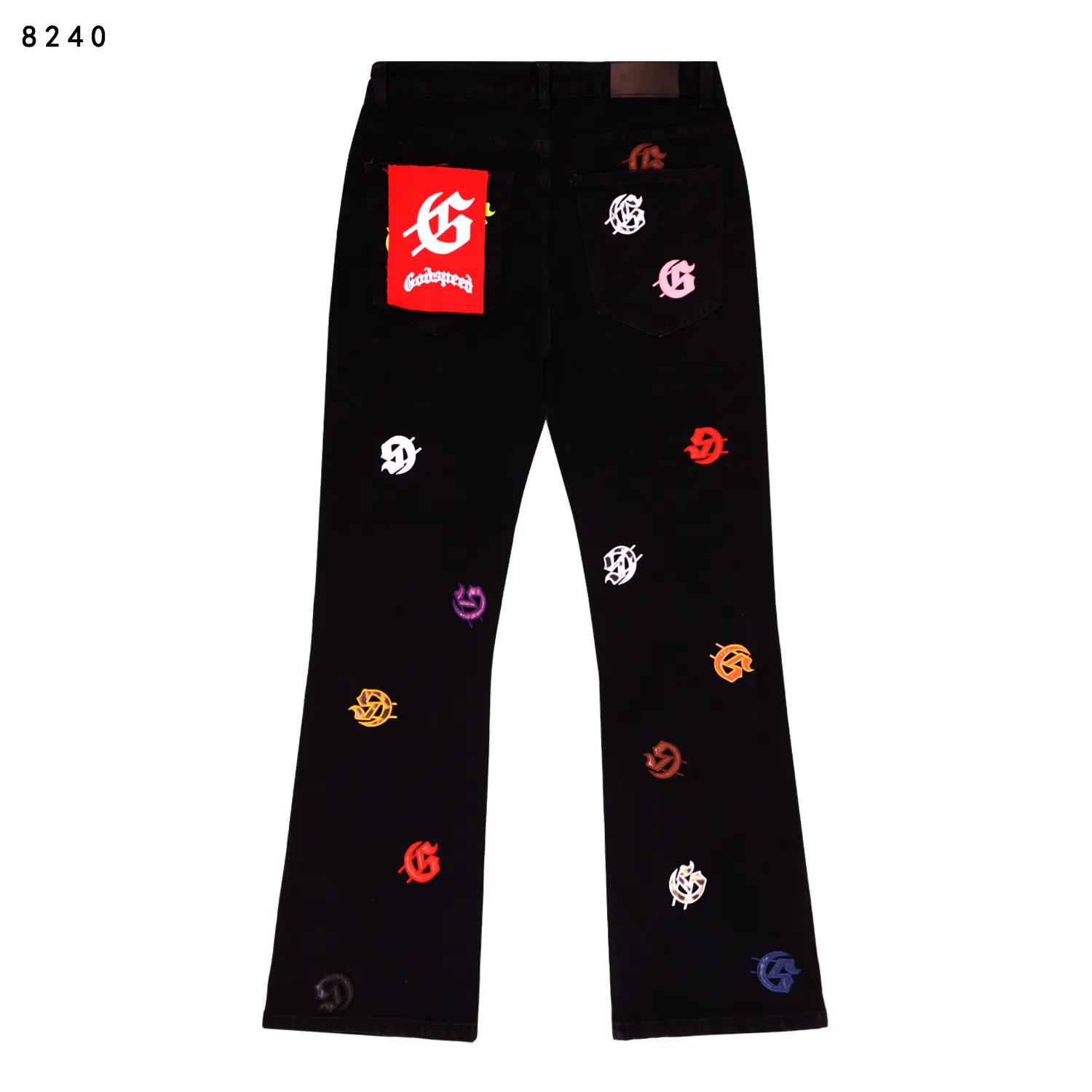 236💰Model No.: 8240 Fabric: Denim Real stock Godspeed embroidered colorful denim trousers, loose trendy brand denim bootcut trousers Color: Washed black Denim blue Smoke gray Size 28 (S) 30 (M) 32 (L) 34 (XL) 36 (XXL) 38 (XXXL)