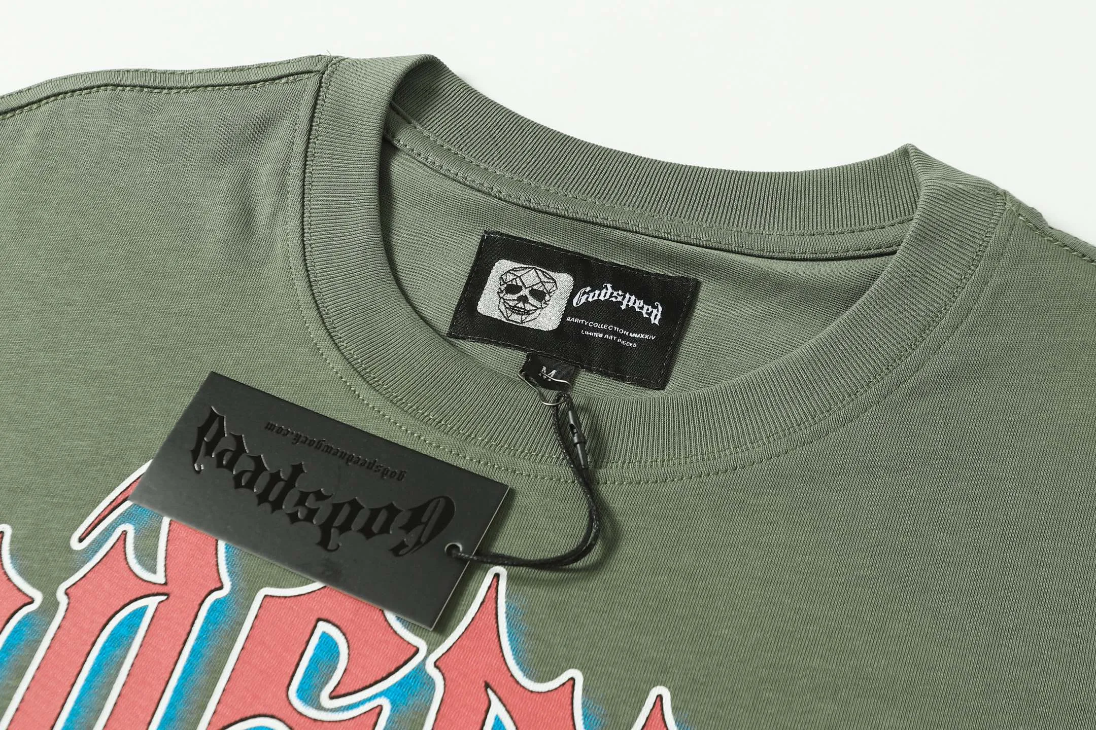 5102#Army Green｜P106 Godspeed cross-border American rock and roll street washed retro style short-sleeved T (craft printing) fabric (fabric): 32-count combed double yarn 240 grams weight code number (size): S-M-L-XL color (colour): military green