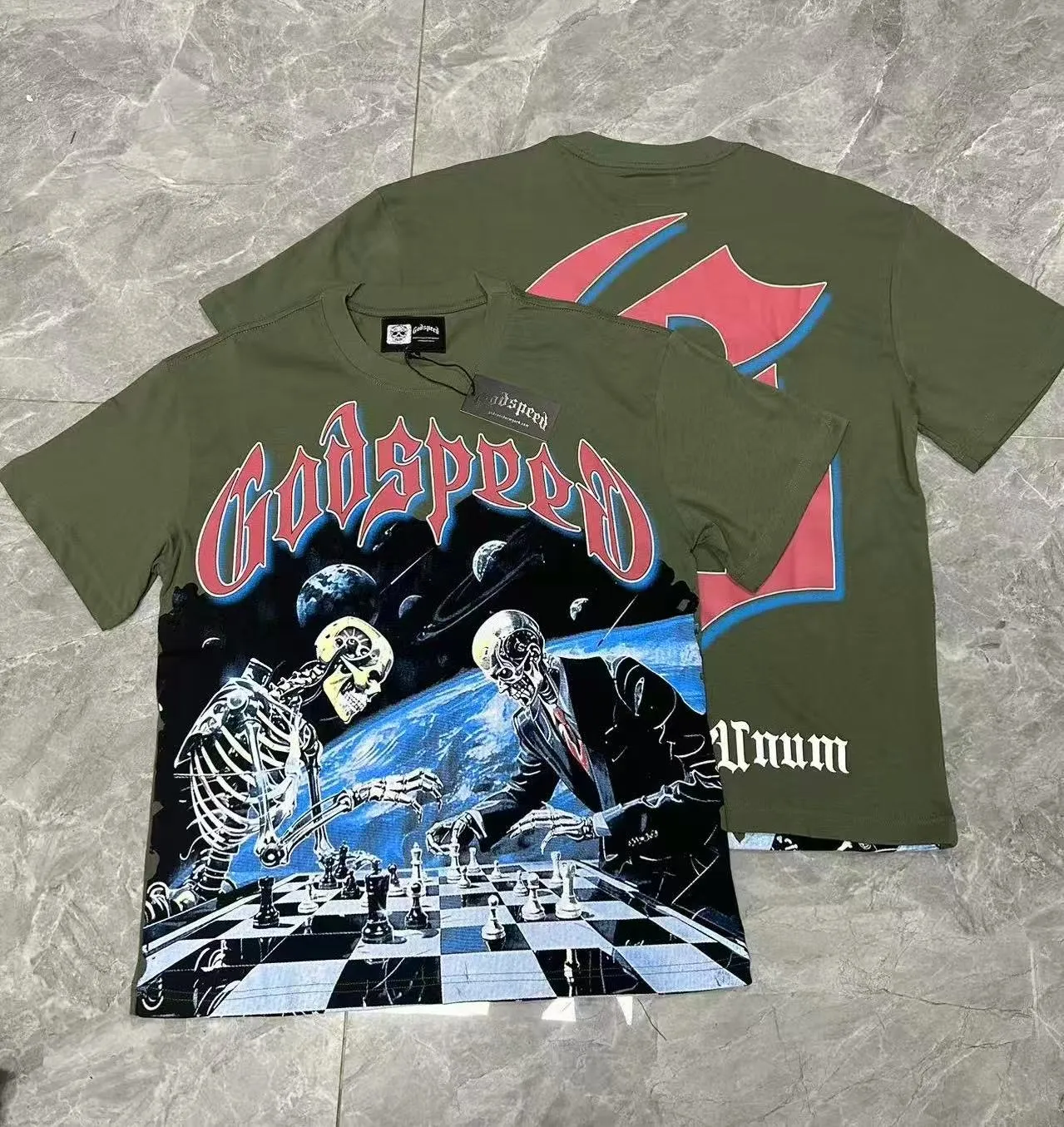 5102#Army Green｜P106 Godspeed cross-border American rock and roll street washed retro style short-sleeved T (craft printing) fabric (fabric): 32-count combed double yarn 240 grams weight code number (size): S-M-L-XL color (colour): military green