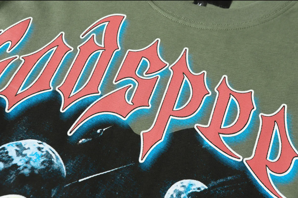 5102#Army Green｜P106 Godspeed cross-border American rock and roll street washed retro style short-sleeved T (craft printing) fabric (fabric): 32-count combed double yarn 240 grams weight code number (size): S-M-L-XL color (colour): military green
