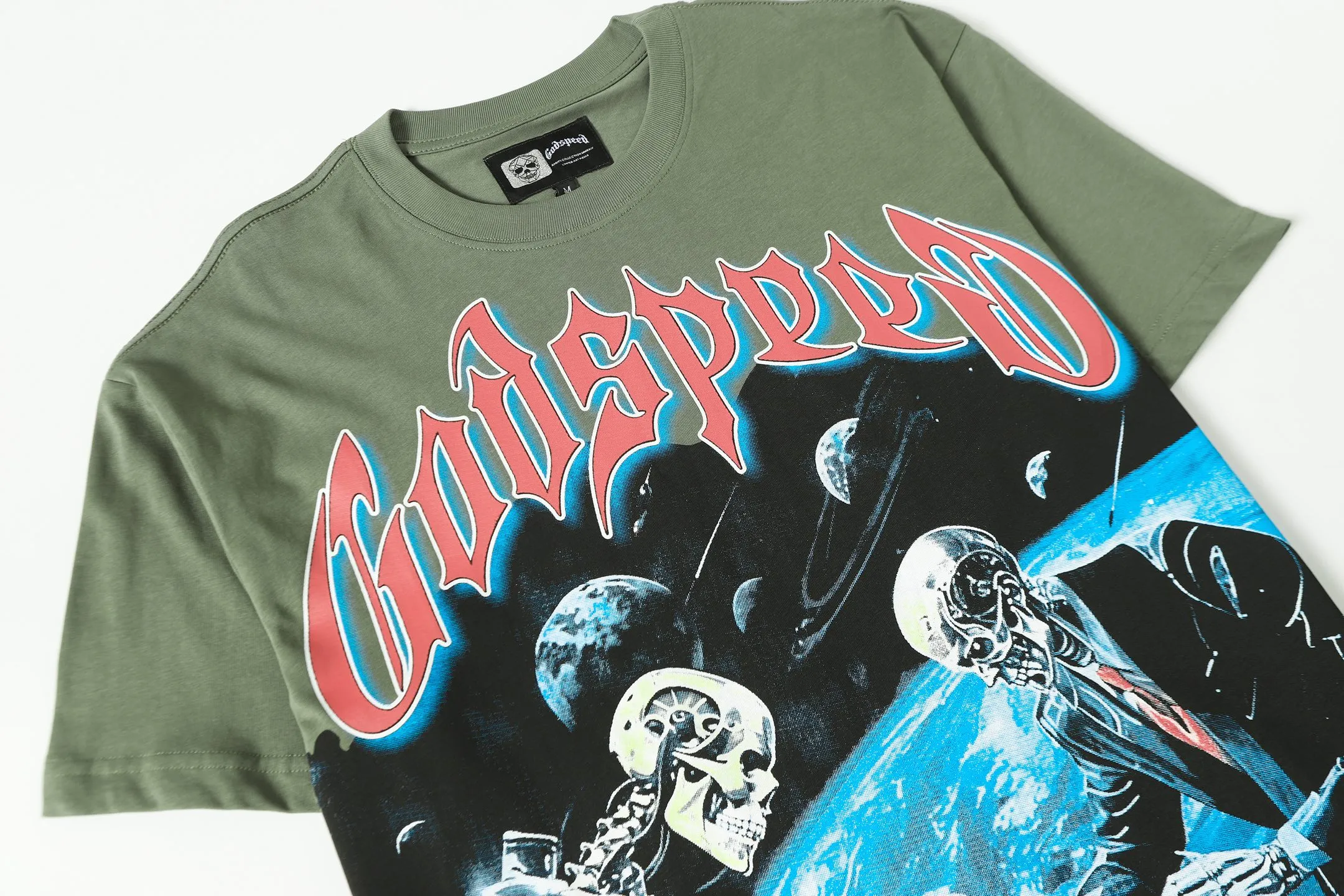 5102#Army Green｜P106 Godspeed cross-border American rock and roll street washed retro style short-sleeved T (craft printing) fabric (fabric): 32-count combed double yarn 240 grams weight code number (size): S-M-L-XL color (colour): military green