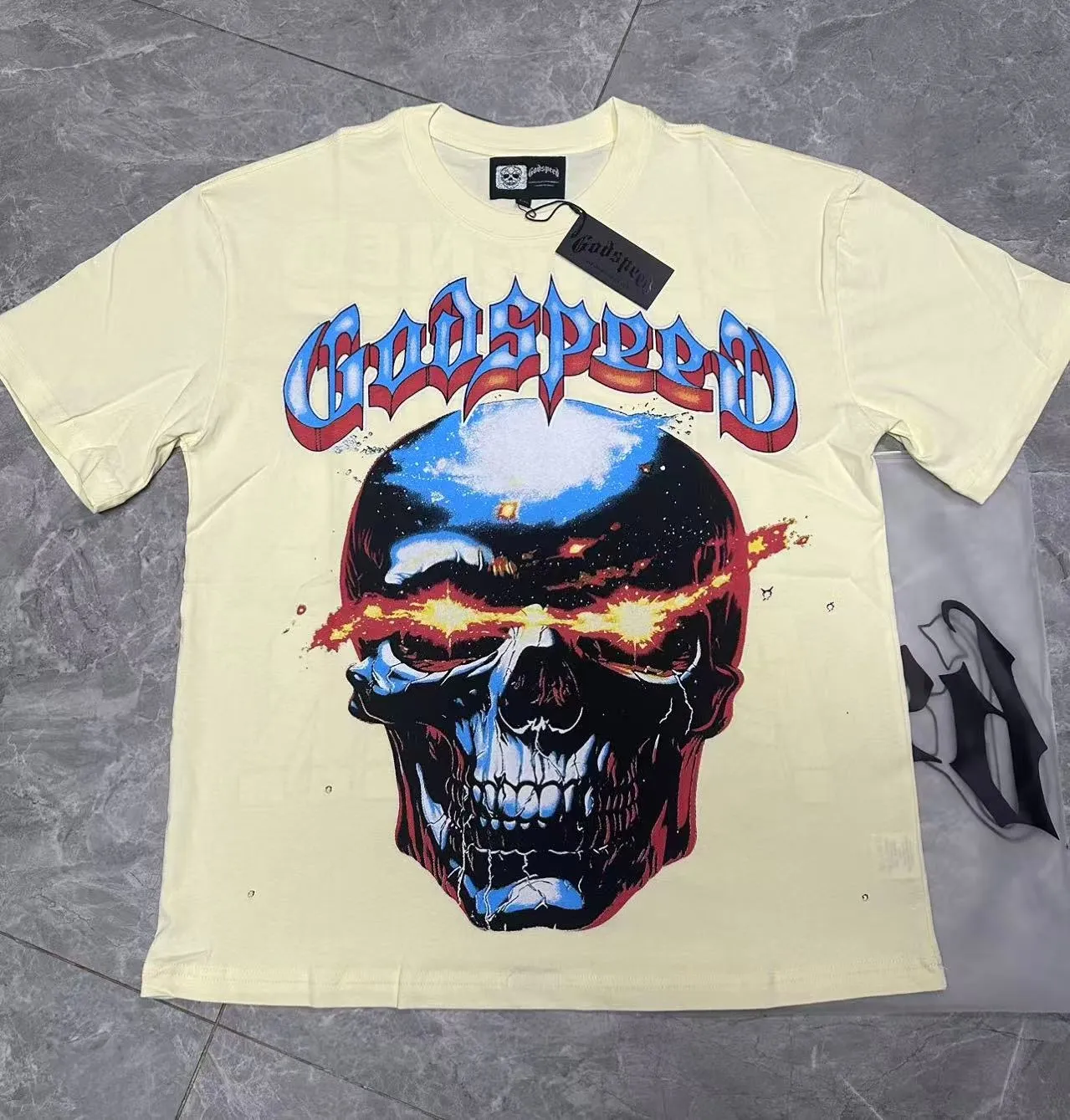 5108#apricot I P104 Godspeed cross-border American rock and roll street wash retro style short-sleeved T (craft printing) fabric (fabric) 32 counts combed double yarn 240 grams weight code number (size): S-M-L-XL color (colour): apricot