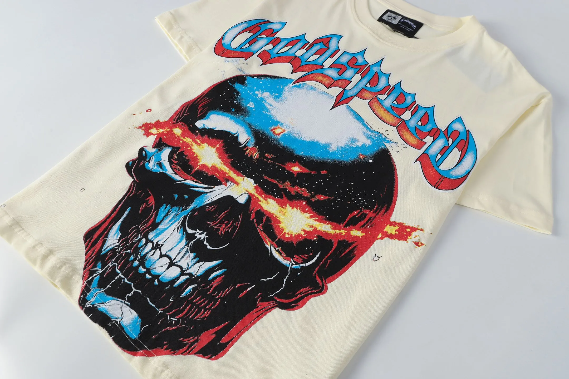 5108#apricot I P104 Godspeed cross-border American rock and roll street wash retro style short-sleeved T (craft printing) fabric (fabric) 32 counts combed double yarn 240 grams weight code number (size): S-M-L-XL color (colour): apricot