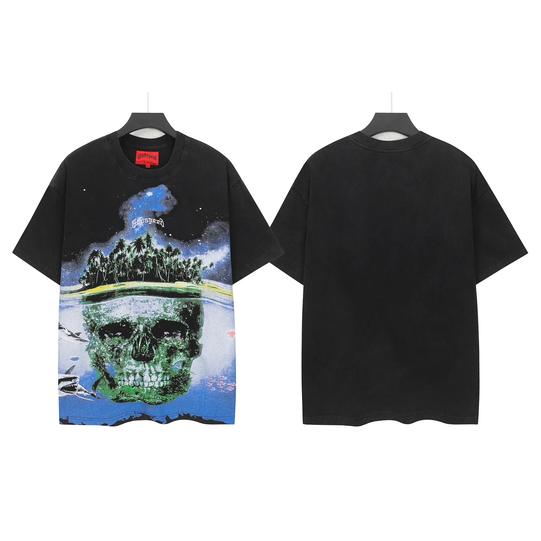 6110#washed black I P116 (HD printing + English embroidery) Godspeed cross-border American rock and roll street washed retro style short-sleeved T (craft printing) fabric (fabric): 32 counts combed double yarn 250 grams weight code (size): S-M-L-XL color (colour): washed black