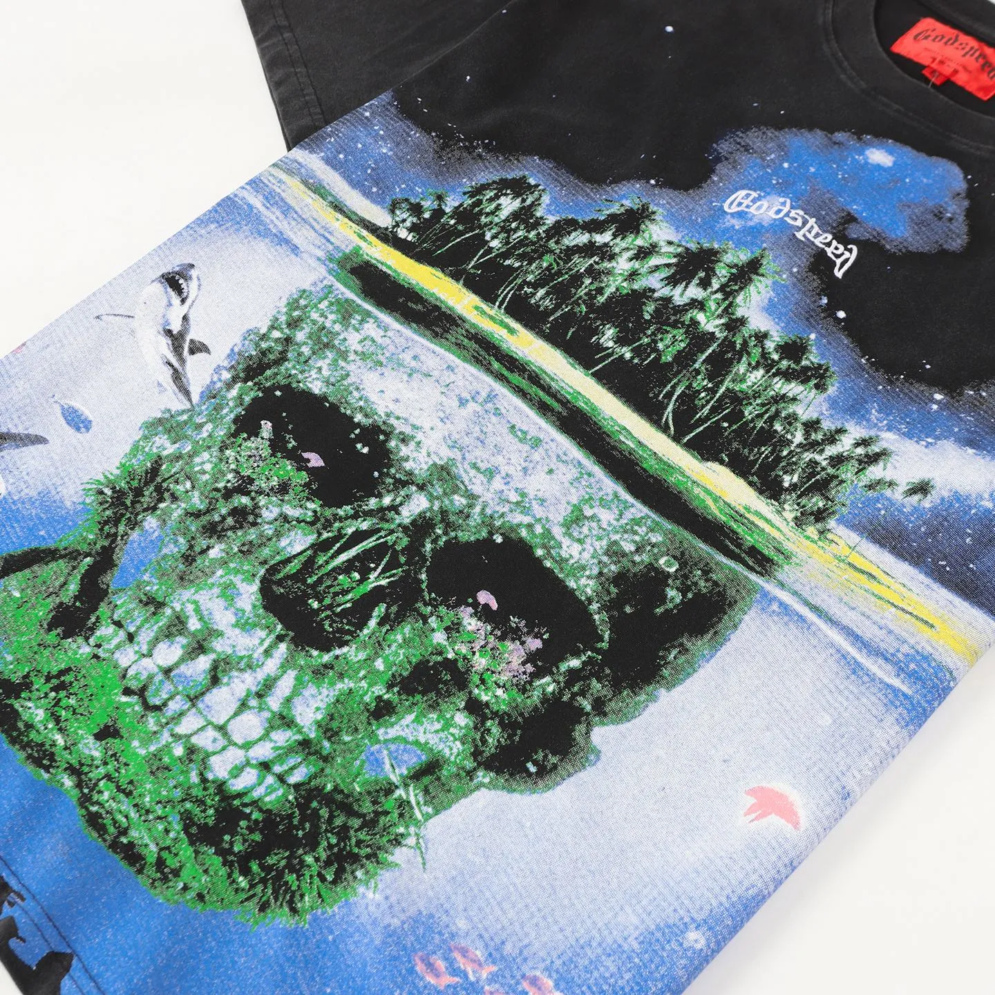 6110#washed black I P116 (HD printing + English embroidery) Godspeed cross-border American rock and roll street washed retro style short-sleeved T (craft printing) fabric (fabric): 32 counts combed double yarn 250 grams weight code (size): S-M-L-XL color (colour): washed black