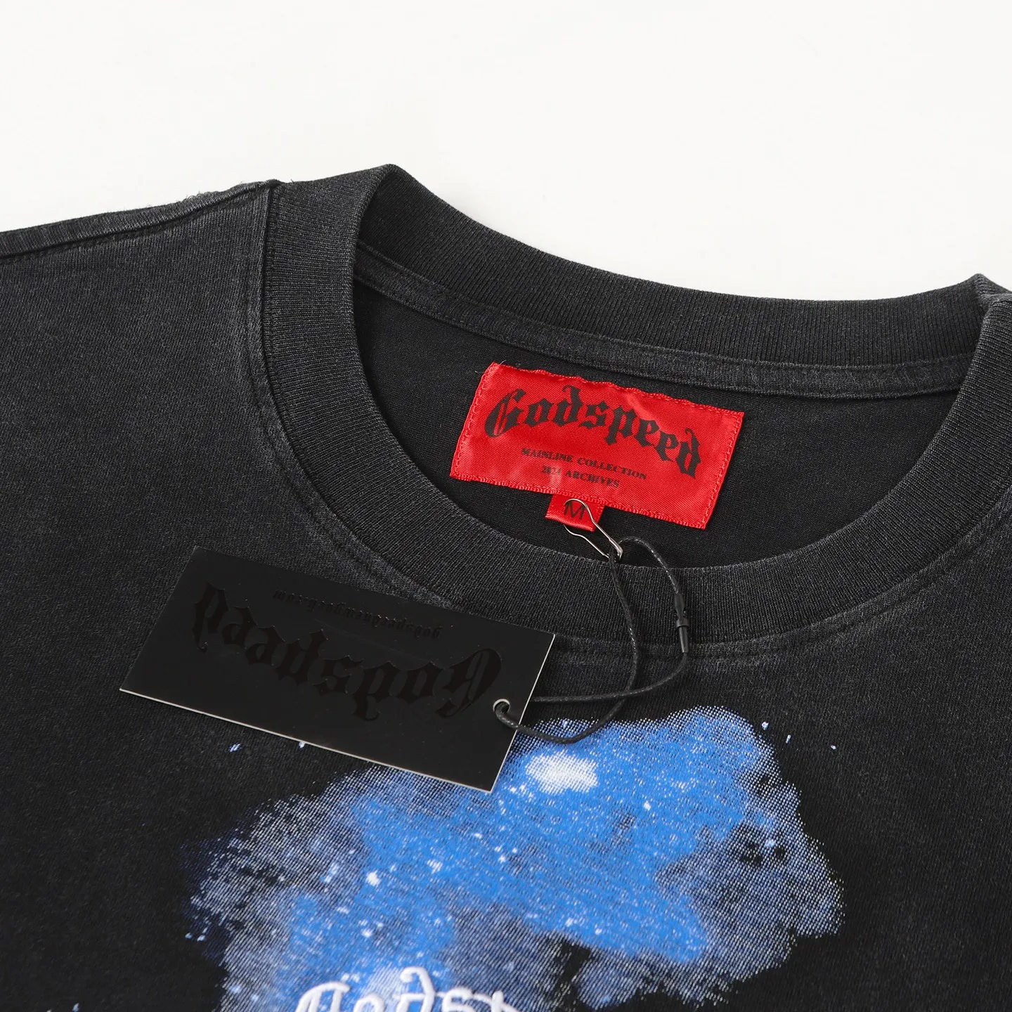 6110#washed black I P116 (HD printing + English embroidery) Godspeed cross-border American rock and roll street washed retro style short-sleeved T (craft printing) fabric (fabric): 32 counts combed double yarn 250 grams weight code (size): S-M-L-XL color (colour): washed black