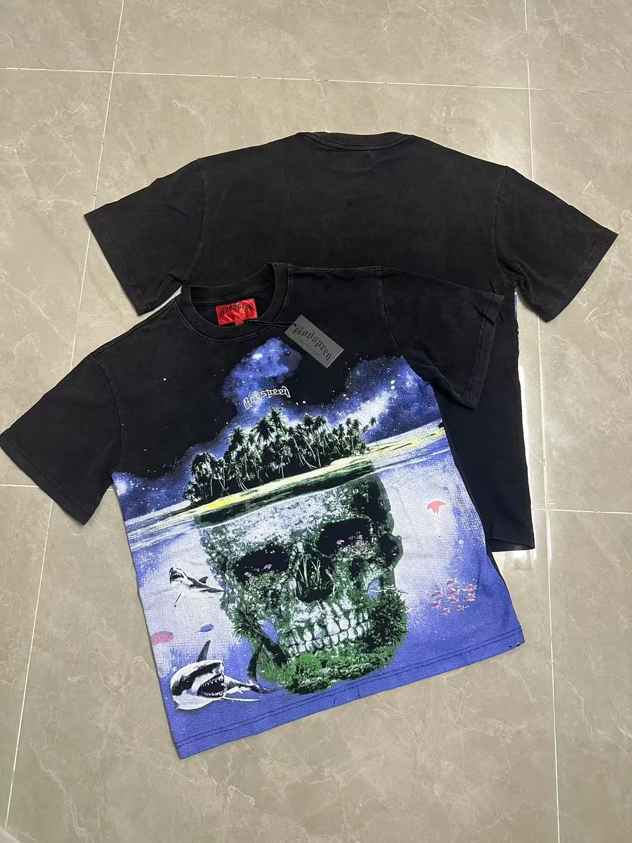 6110#washed black I P116 (HD printing + English embroidery) Godspeed cross-border American rock and roll street washed retro style short-sleeved T (craft printing) fabric (fabric): 32 counts combed double yarn 250 grams weight code (size): S-M-L-XL color (colour): washed black