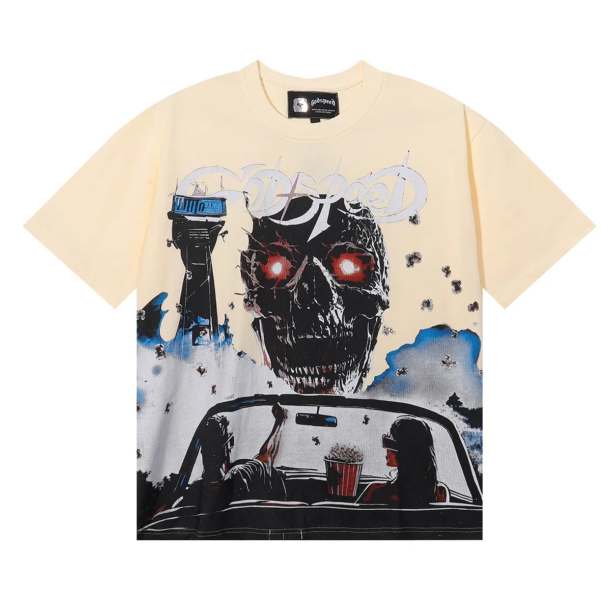 Batch 106, No. 7086, Mechao Godspeed driving 3D movie skull print high quality double yarn pure cotton casual short-sleeved T-shirt Color: black, white; Size: S M L XL