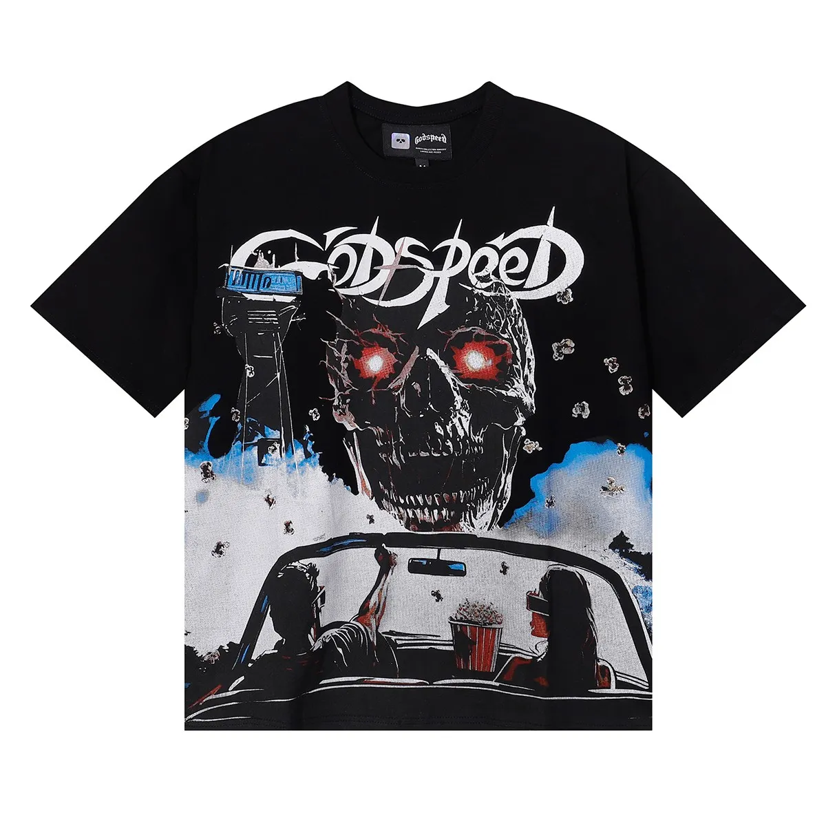 Batch 106, No. 7086, Mechao Godspeed driving 3D movie skull print high quality double yarn pure cotton casual short-sleeved T-shirt Color: black, white; Size: S M L XL