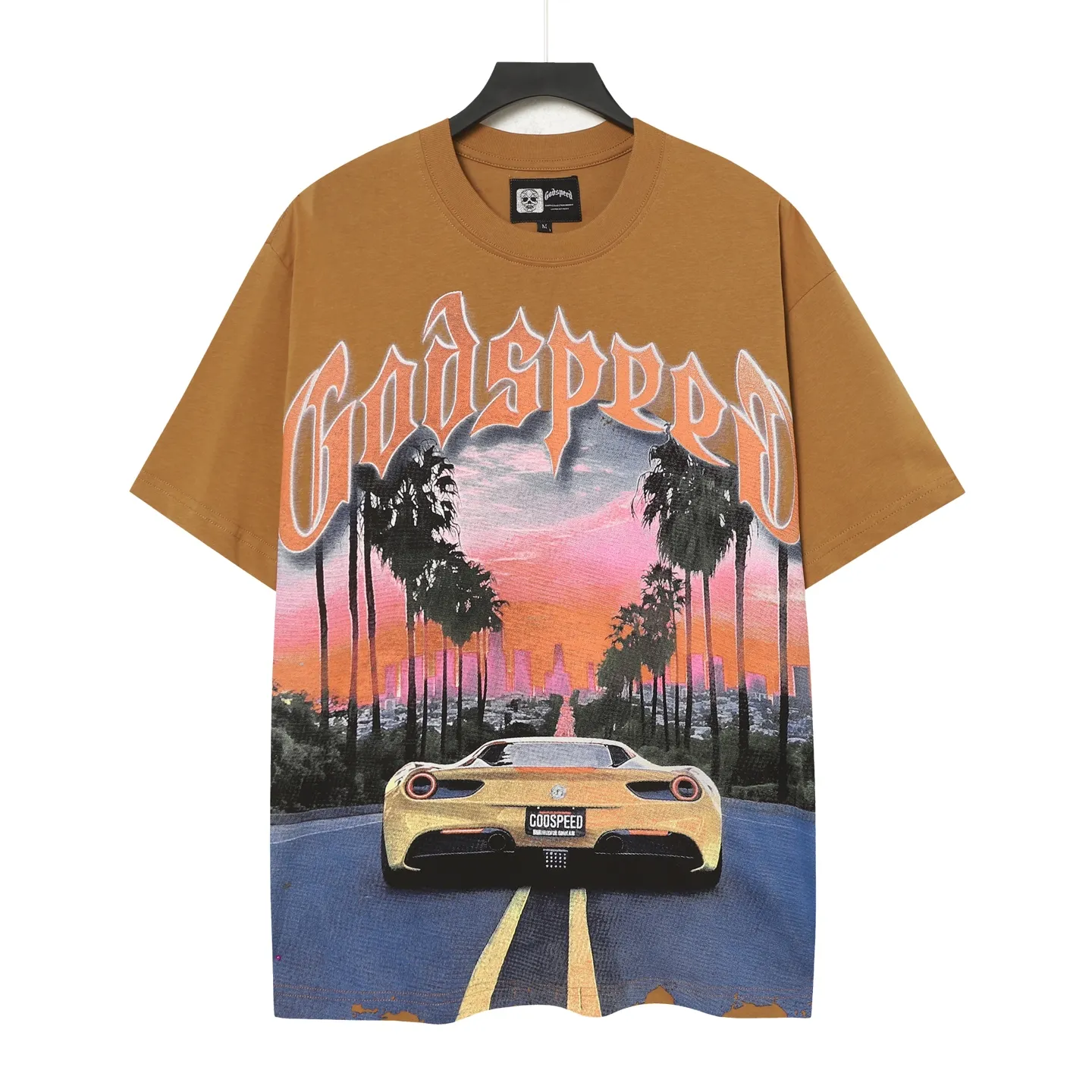 5089# Brown I P104 Godspeed cross-border American rock and roll street washed retro style short-sleeved T (craft printing) fabric (fabric) 32 counts combed double yarn 240 grams weight code number (size): S-M-L-XL color (colour): brown