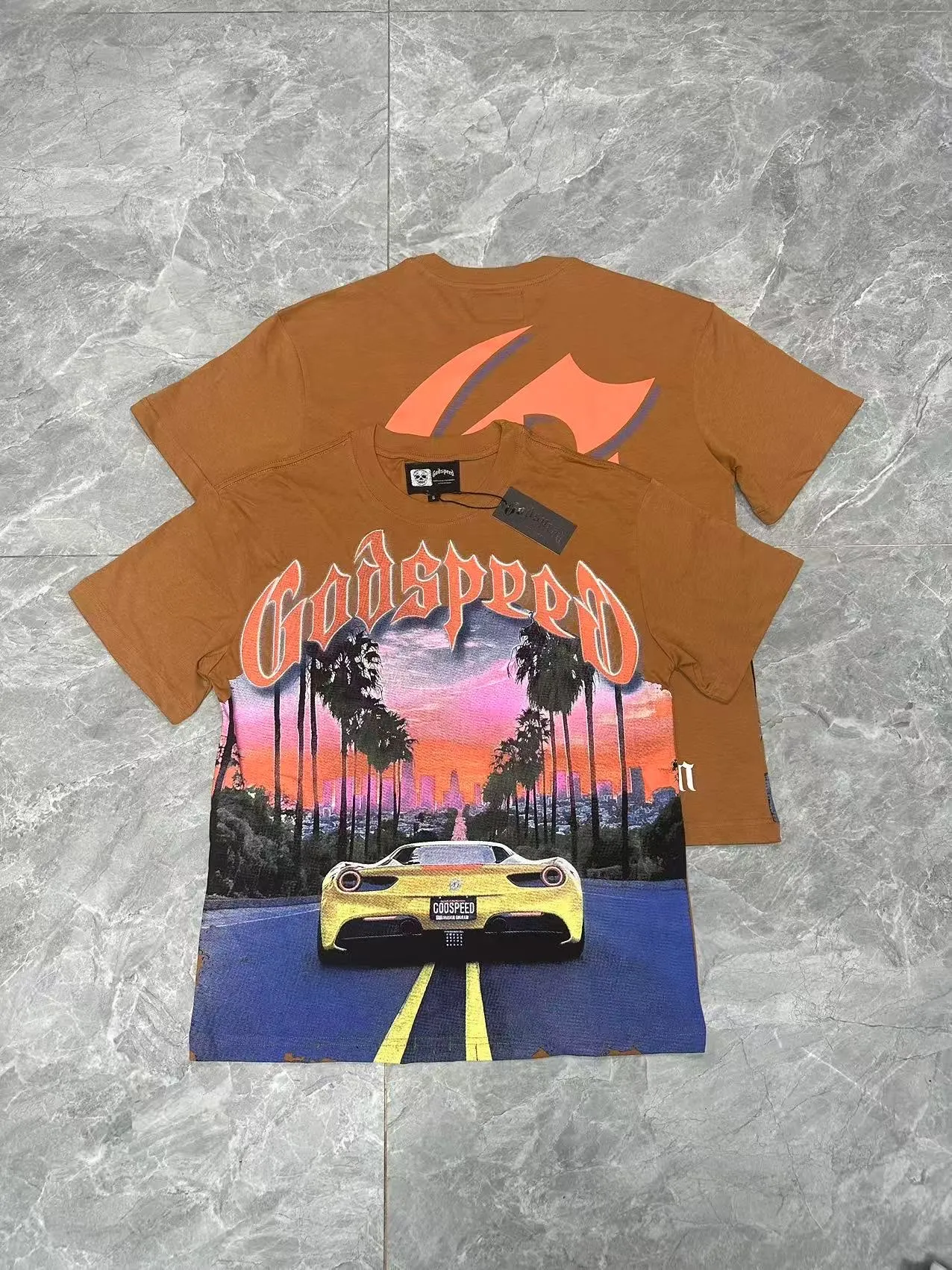 5089# Brown I P104 Godspeed cross-border American rock and roll street washed retro style short-sleeved T (craft printing) fabric (fabric) 32 counts combed double yarn 240 grams weight code number (size): S-M-L-XL color (colour): brown