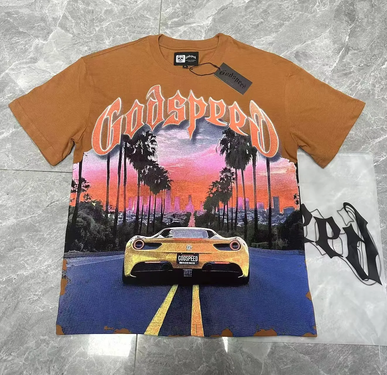 5089# Brown I P104 Godspeed cross-border American rock and roll street washed retro style short-sleeved T (craft printing) fabric (fabric) 32 counts combed double yarn 240 grams weight code number (size): S-M-L-XL color (colour): brown