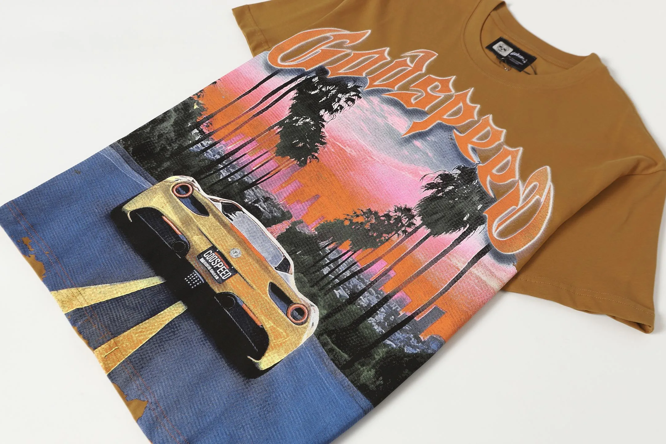 5089# Brown I P104 Godspeed cross-border American rock and roll street washed retro style short-sleeved T (craft printing) fabric (fabric) 32 counts combed double yarn 240 grams weight code number (size): S-M-L-XL color (colour): brown
