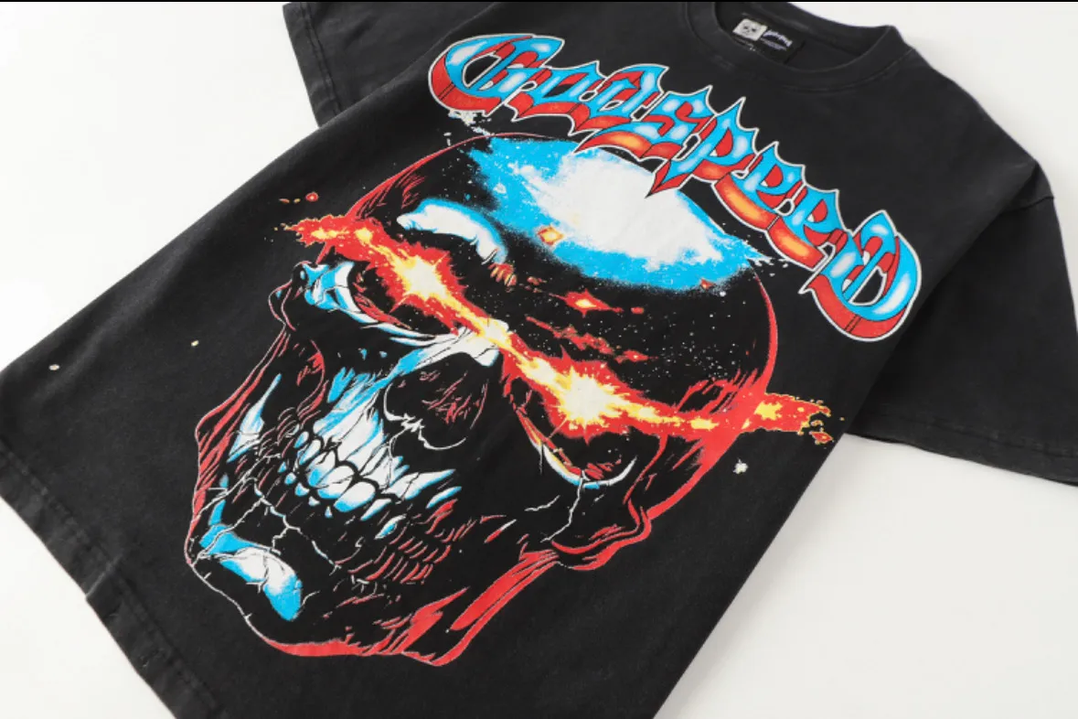 6108# washed black I P116 Godspeed cross-border American rock and roll street washed retro style short-sleeved T (craft printing) fabric (fabric): 32 count combed double yarn 250 grams weight code number (size): S-M-L-XL color (colour): washed black