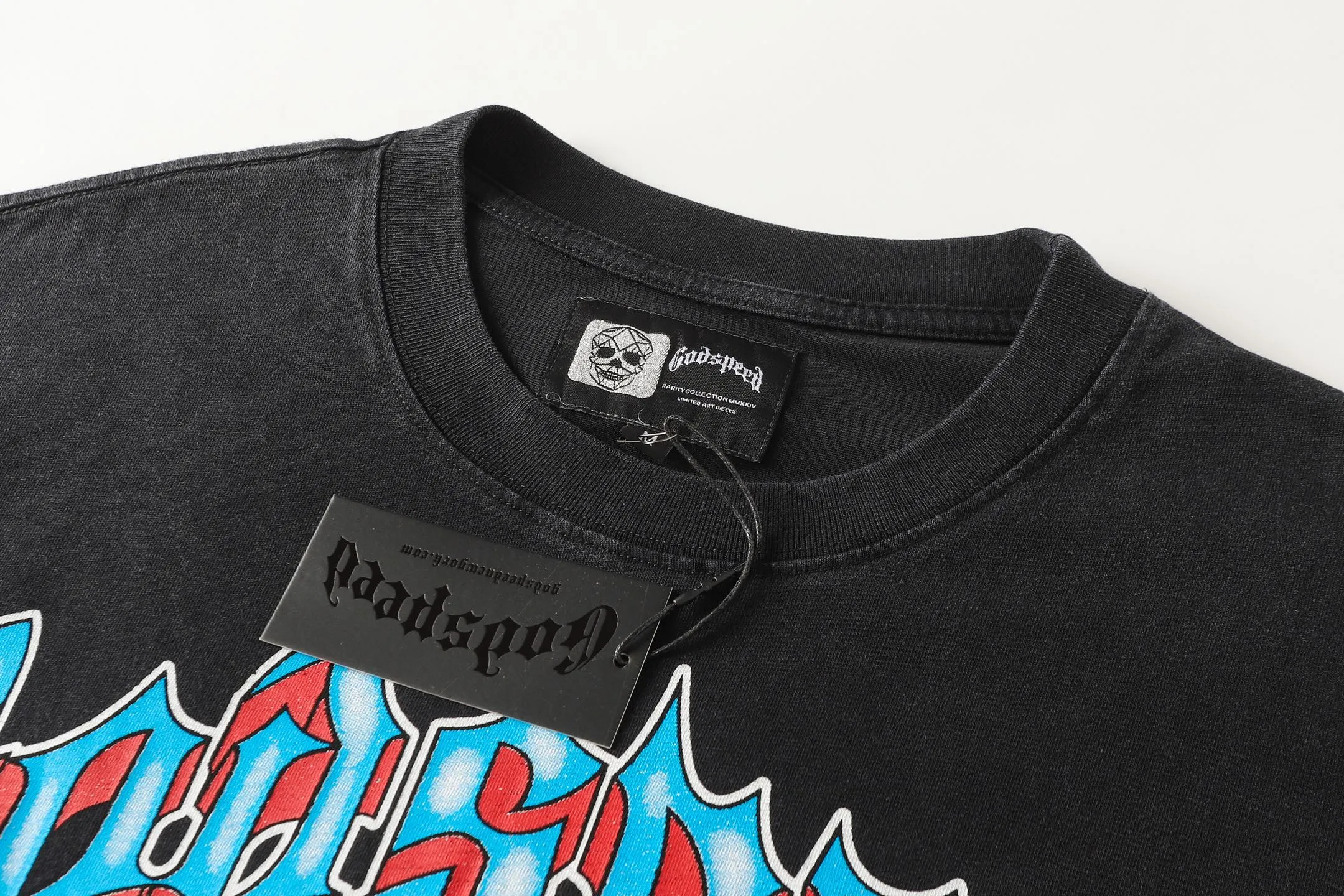 6108# washed black I P116 Godspeed cross-border American rock and roll street washed retro style short-sleeved T (craft printing) fabric (fabric): 32 count combed double yarn 250 grams weight code number (size): S-M-L-XL color (colour): washed black