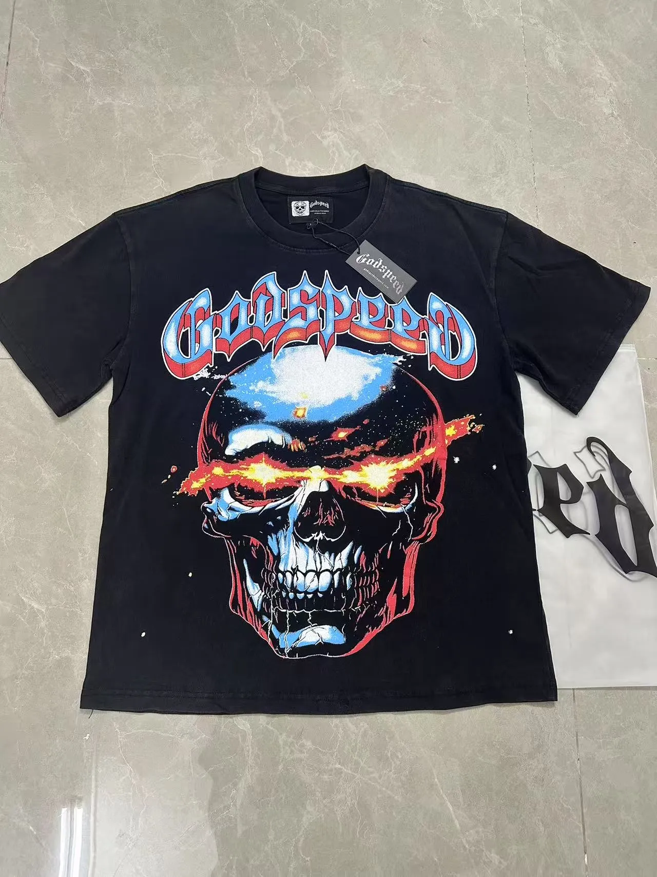 6108# washed black I P116 Godspeed cross-border American rock and roll street washed retro style short-sleeved T (craft printing) fabric (fabric): 32 count combed double yarn 250 grams weight code number (size): S-M-L-XL color (colour): washed black