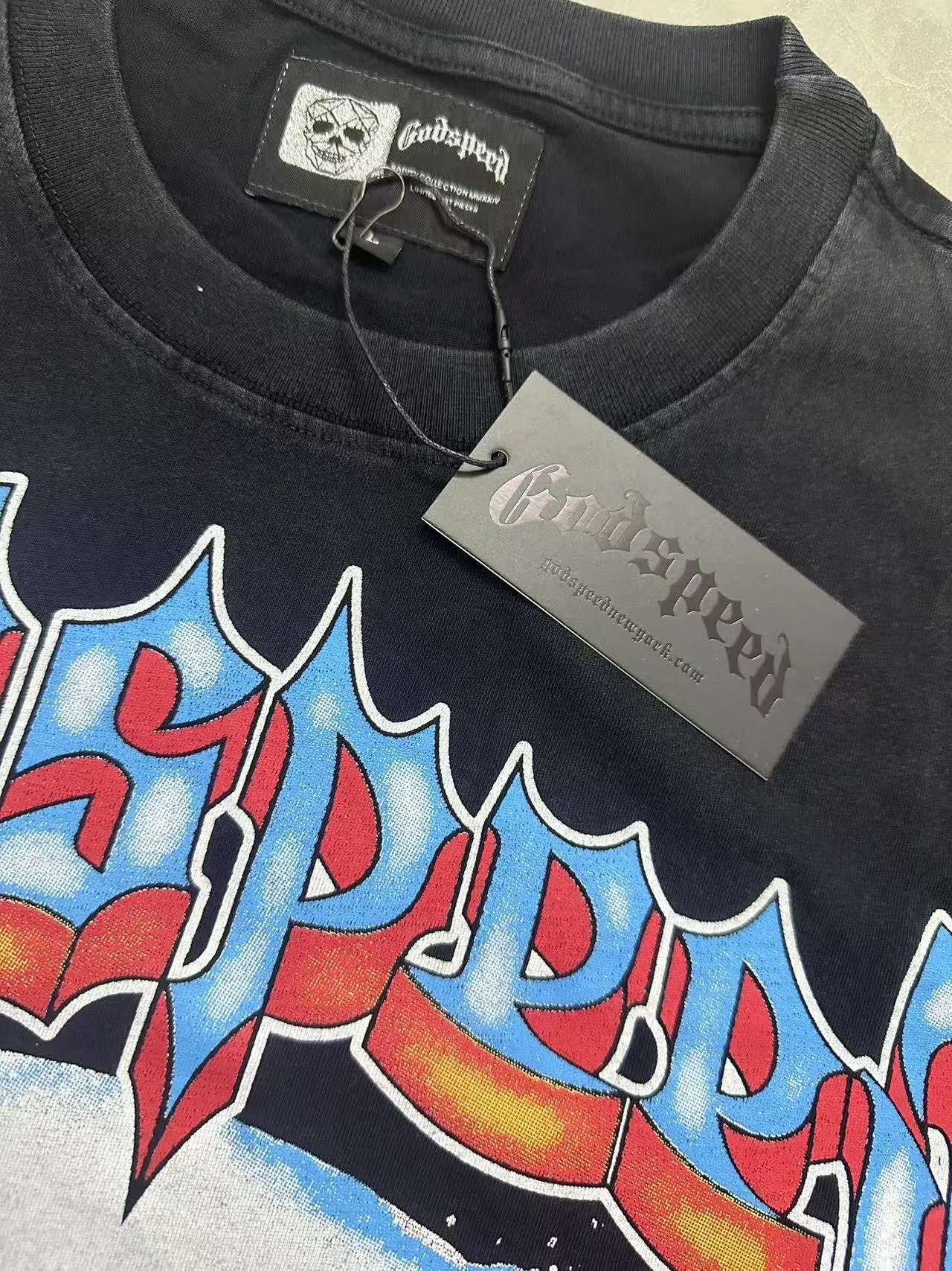 6108# washed black I P116 Godspeed cross-border American rock and roll street washed retro style short-sleeved T (craft printing) fabric (fabric): 32 count combed double yarn 250 grams weight code number (size): S-M-L-XL color (colour): washed black