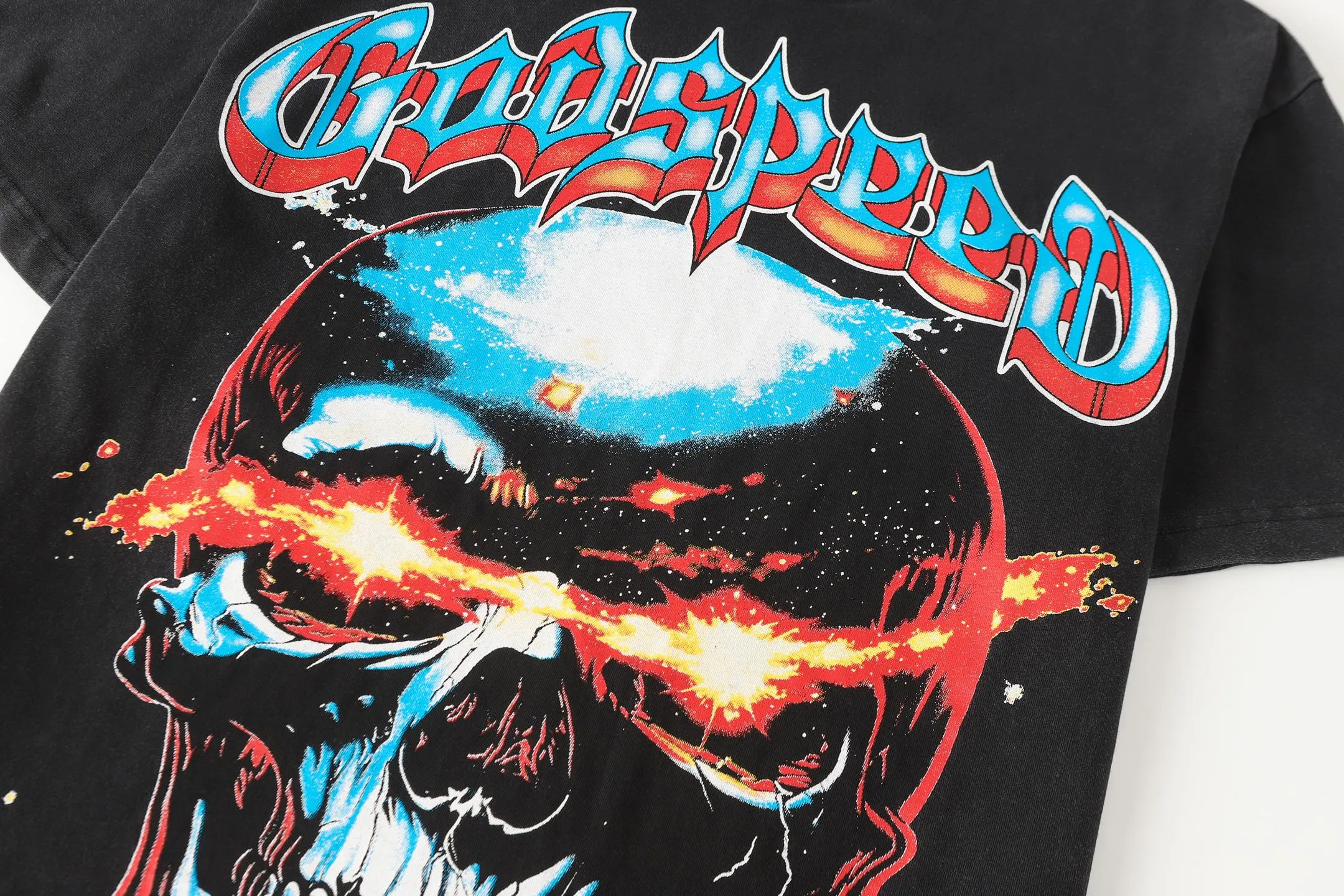 6108# washed black I P116 Godspeed cross-border American rock and roll street washed retro style short-sleeved T (craft printing) fabric (fabric): 32 count combed double yarn 250 grams weight code number (size): S-M-L-XL color (colour): washed black