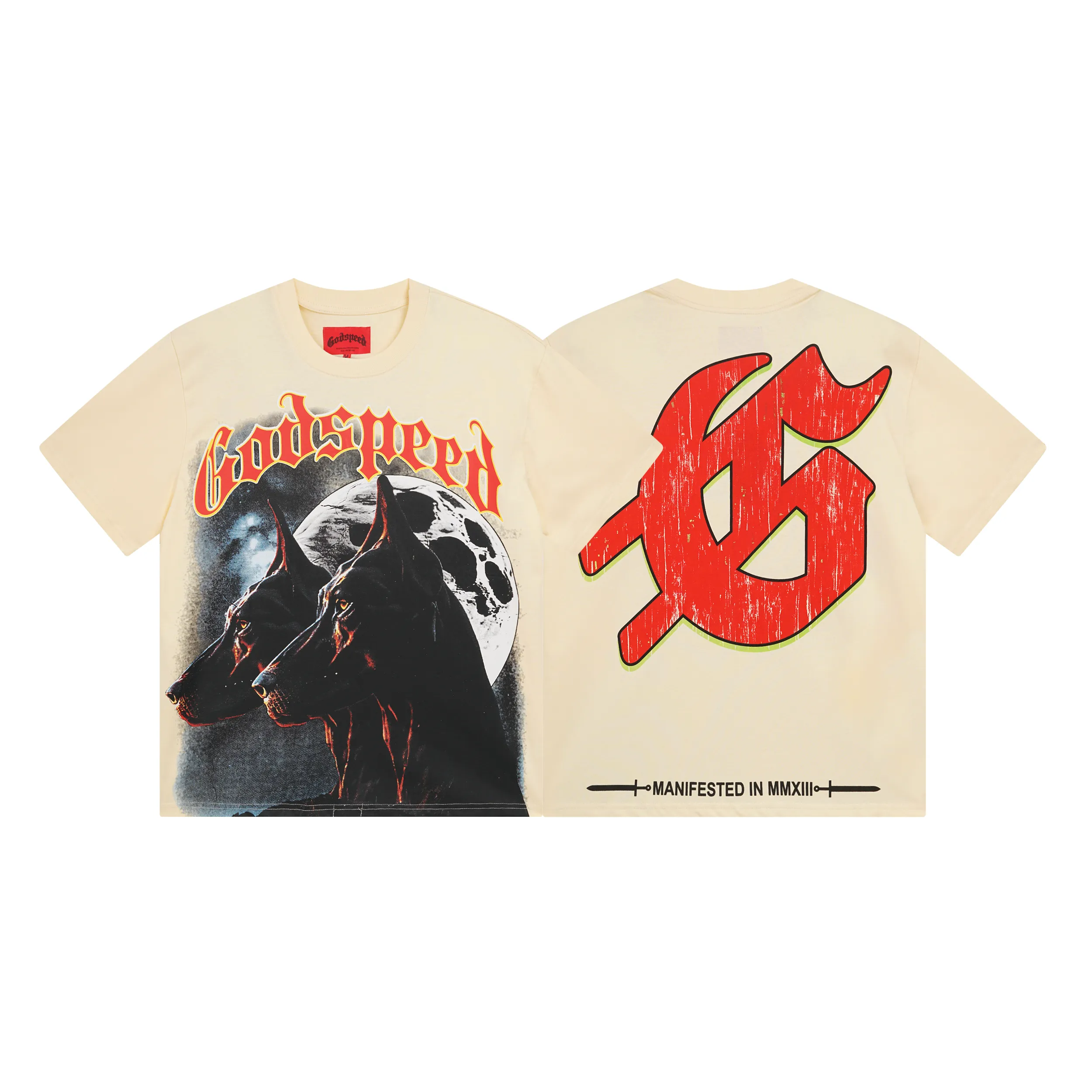 3033# P110 Real shot Godspeed American fashion rock street retro loose printed cotton short sleeves Fabric: 240g 32 count fine cotton double yarn pure cotton Color: apricot Size: S M L XL