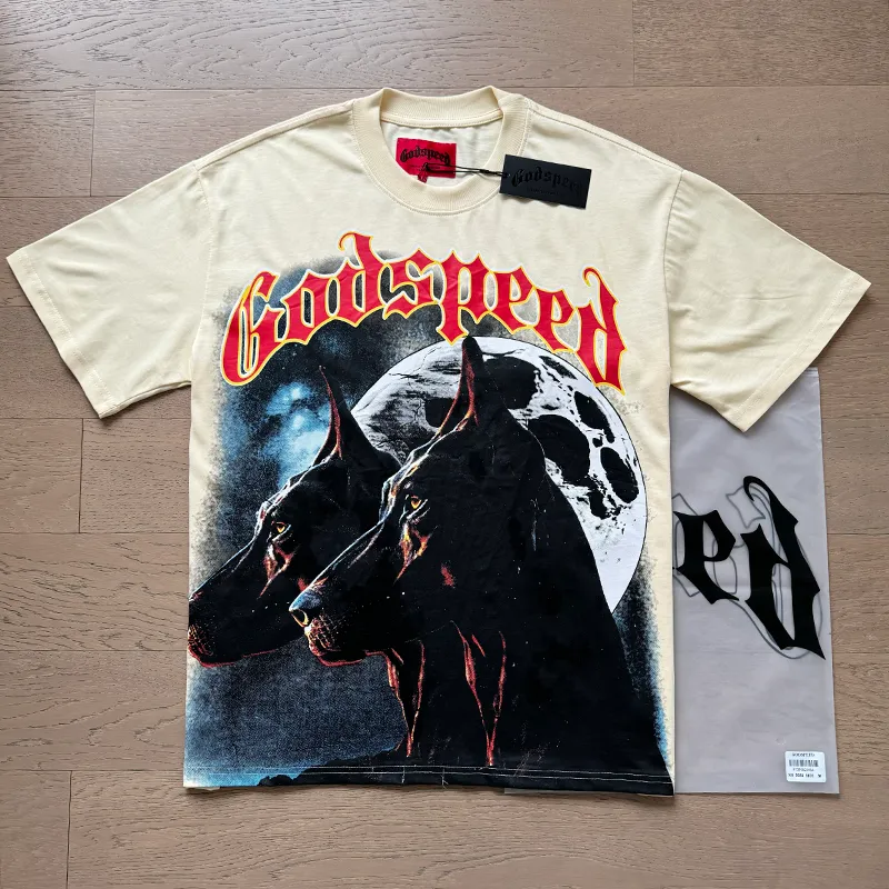 3033# P110 Real shot Godspeed American fashion rock street retro loose printed cotton short sleeves Fabric: 240g 32 count fine cotton double yarn pure cotton Color: apricot Size: S M L XL