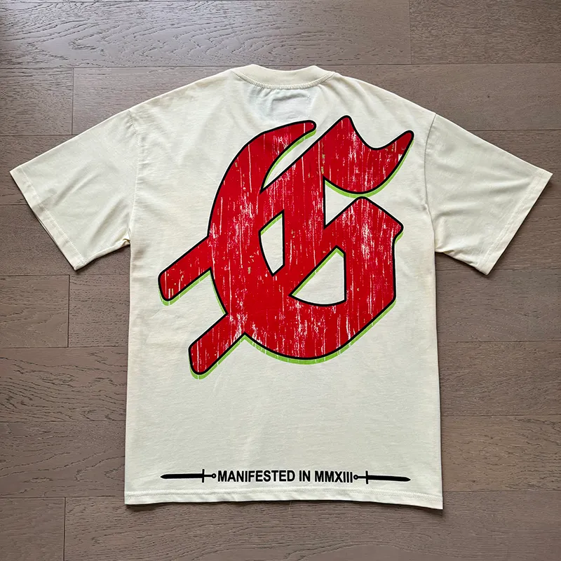 3033# P110 Real shot Godspeed American fashion rock street retro loose printed cotton short sleeves Fabric: 240g 32 count fine cotton double yarn pure cotton Color: apricot Size: S M L XL