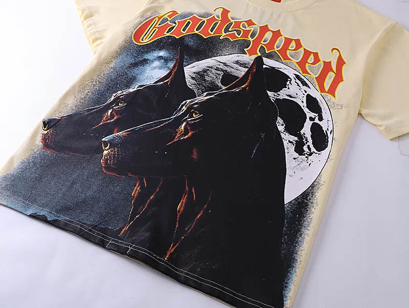 3033# P110 Real shot Godspeed American fashion rock street retro loose printed cotton short sleeves Fabric: 240g 32 count fine cotton double yarn pure cotton Color: apricot Size: S M L XL
