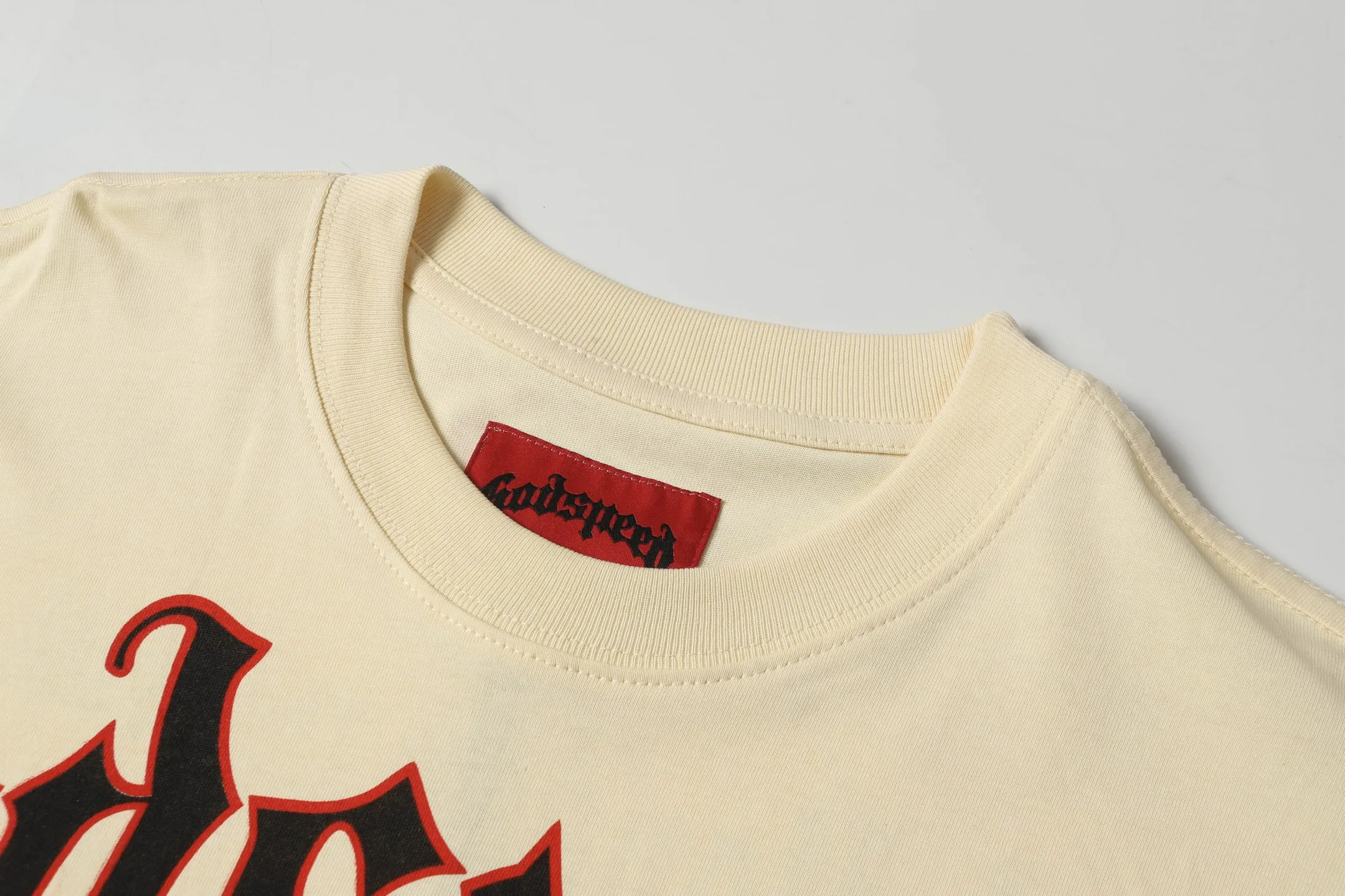 5069# Apricot | P104 Godspeed cross-border American rock and roll street washed retro style short-sleeved T (craft printing) fabric (fabric) 32 counts combed double yarn 240 grams weight code number (size): S-M-L-XL color (colour): apricot