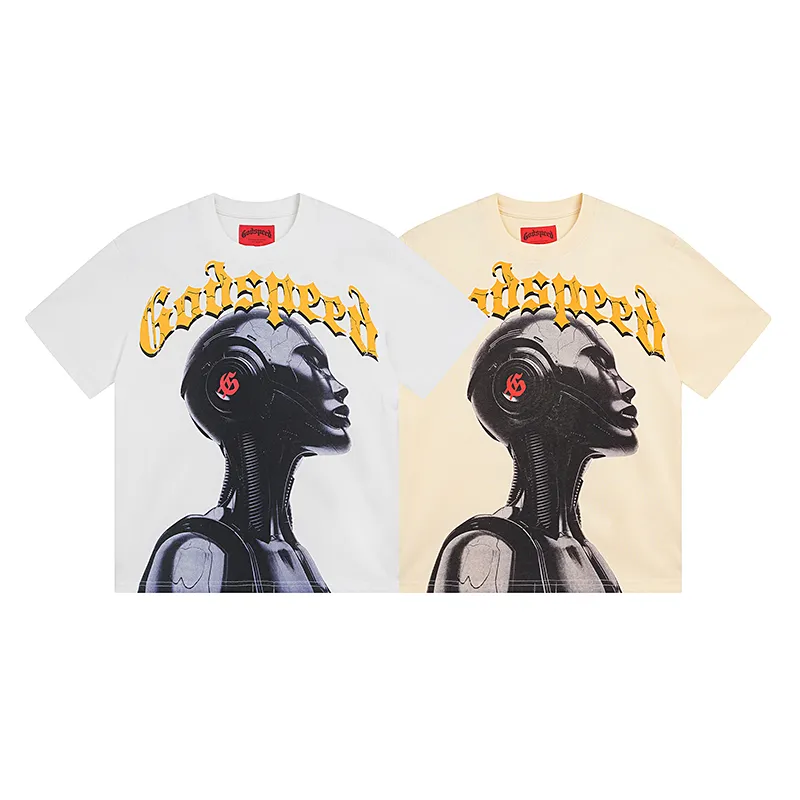 3021# P110 Real shot Godspeed American fashion rock street retro loose printed cotton short sleeves Fabric: 240g 32 count fine cotton double yarn pure cotton Color: off-white apricot Size: S M L XL