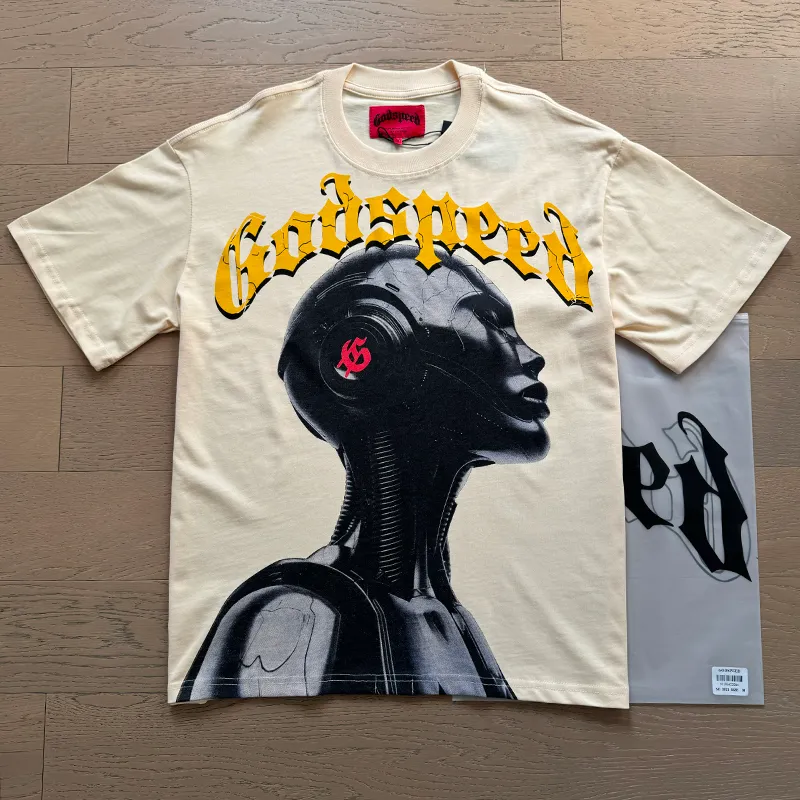 3021# P110 Real shot Godspeed American fashion rock street retro loose printed cotton short sleeves Fabric: 240g 32 count fine cotton double yarn pure cotton Color: off-white apricot Size: S M L XL
