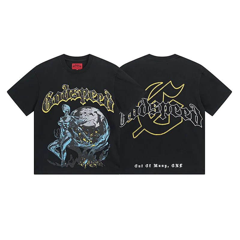 1055# P126 Washed Black Real Shot Godspeed American Fashion Rock Street Retro Washed Distressed Printed Cotton Short Sleeves Fabric: 250g 32 Count Fine Cotton Double Yarn Pure Cotton Color: Washed Black Size: S M L XL