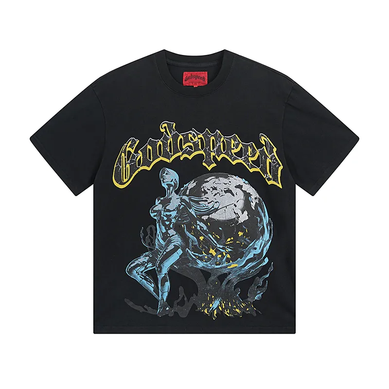 1055# P126 Washed Black Real Shot Godspeed American Fashion Rock Street Retro Washed Distressed Printed Cotton Short Sleeves Fabric: 250g 32 Count Fine Cotton Double Yarn Pure Cotton Color: Washed Black Size: S M L XL