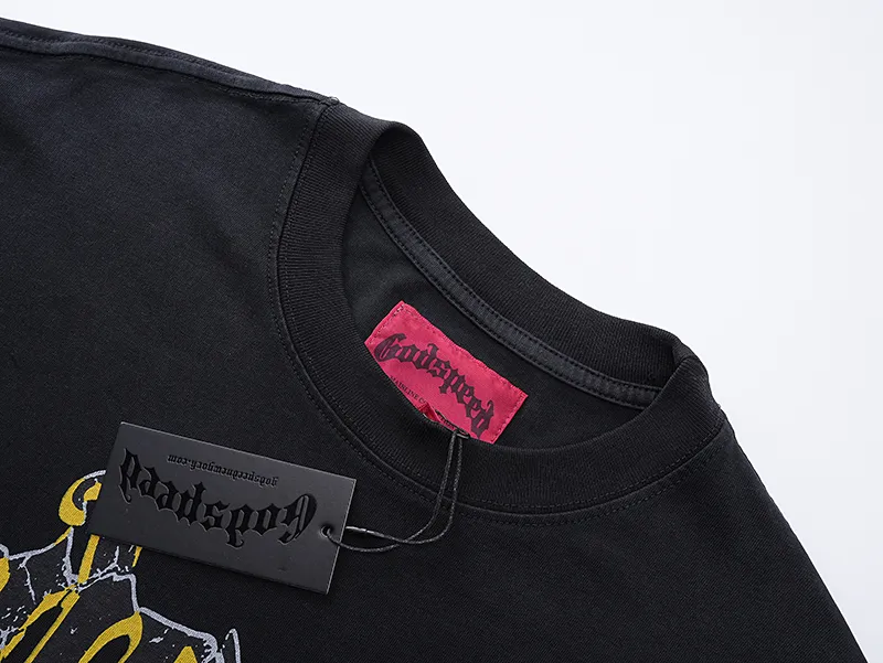 1055# P126 Washed Black Real Shot Godspeed American Fashion Rock Street Retro Washed Distressed Printed Cotton Short Sleeves Fabric: 250g 32 Count Fine Cotton Double Yarn Pure Cotton Color: Washed Black Size: S M L XL