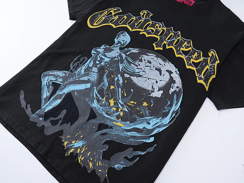 1055# P126 Washed Black Real Shot Godspeed American Fashion Rock Street Retro Washed Distressed Printed Cotton Short Sleeves Fabric: 250g 32 Count Fine Cotton Double Yarn Pure Cotton Color: Washed Black Size: S M L XL